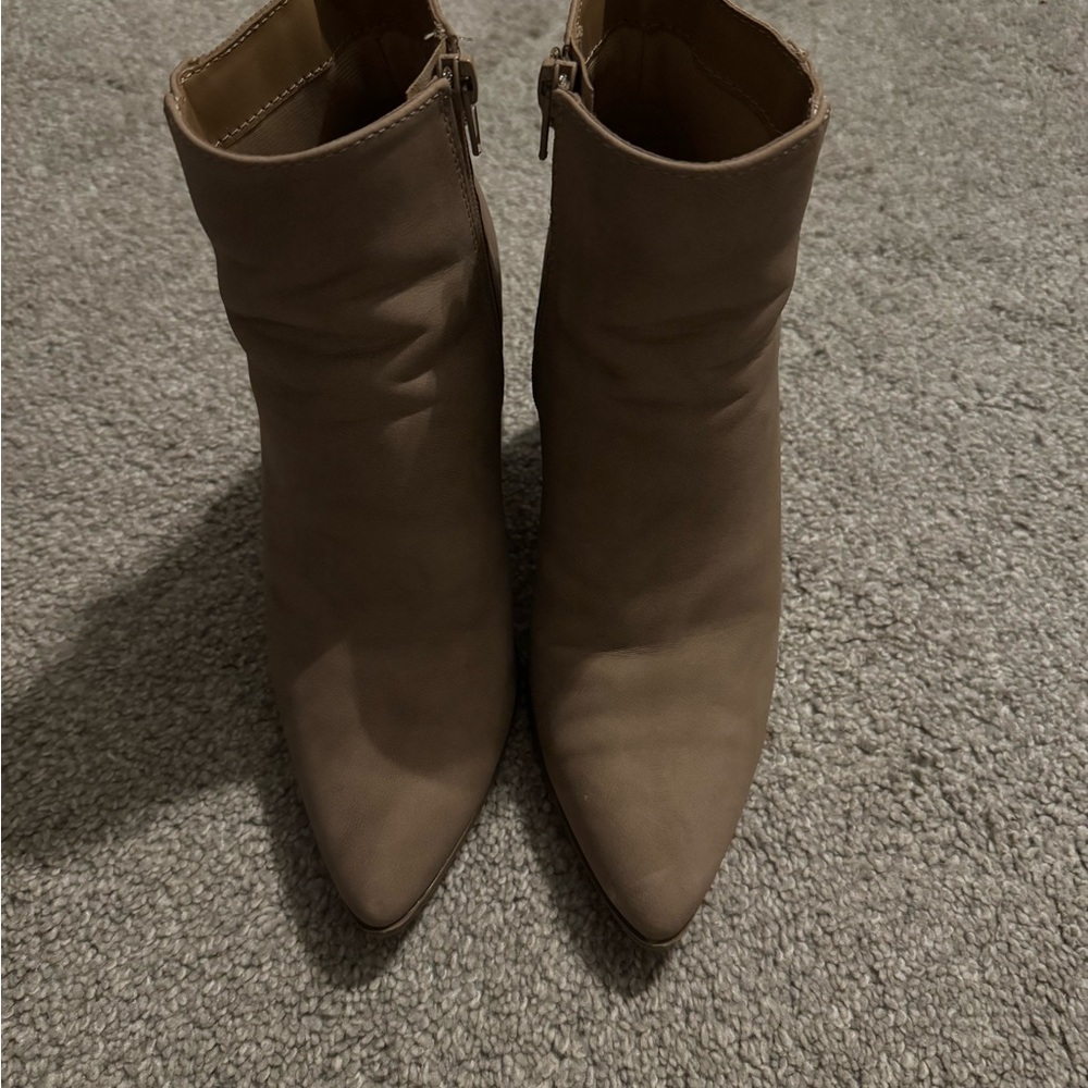 Soda Pointed-Toe Ankle Booties in Taupe